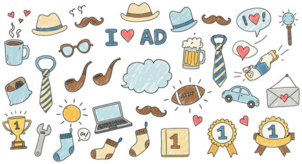 Fun Doodle Art Celebrating Fathers Day with Icons and Symbols