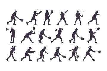 Silhouette Set of Tennis Players in Various Action Poses, Collection of Sporty Men and Women Playing Tennis, Vector Illustration
