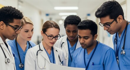 A Diverse Team of Doctors and Nurses Collaborating Intently Over a Patient's Chart in a Hospital