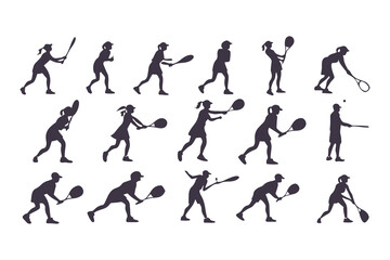 Silhouette Set of Tennis Players in Various Action Poses, Collection of Sporty Men and Women Playing Tennis, Vector Illustration