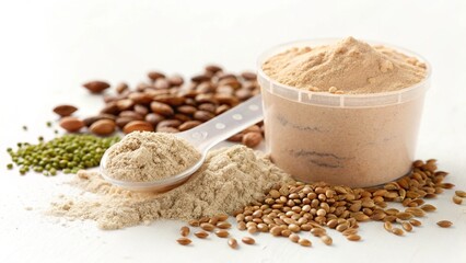 plant based protein powder concept Various types of flour and seeds displayed with a measuring spoon on a white surface.