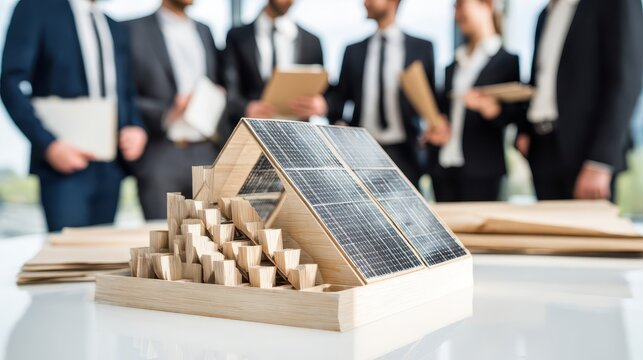 Wooden model of a sustainable home with solar panels.