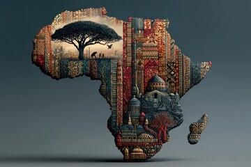 Fototapeta na wymiar An artistic representation of the African continent filled with symbols of empowerment