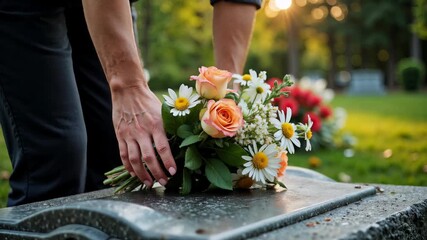 Putting flowers on grave with colorful bouquet of roses and daisies. Putting flowers on grave as expression of love and memory, man places bouquet on tombstone with serene outdoor setting.