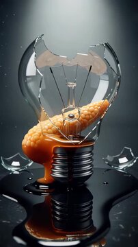 Conceptual 3D animation depicts a broken light bulb containing a diseased pancreas organ slowly oozing fluid, symbolizing failing health