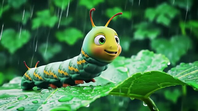 Animated green caterpillar crawls on a wet leaf in the rain with blurred greenery