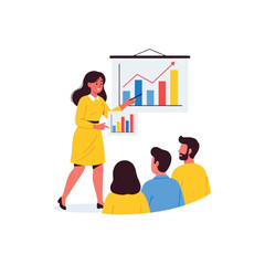 A woman presenting data charts to a group of attentive listeners during a business meeting.