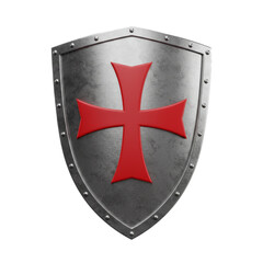 A medieval shield with a prominent red cross emblem evokes themes of protection valor and historical significance against an unseen backdrop.