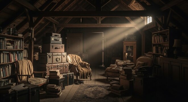 Vintage attic filled with books, suitcases, and furniture bathed in sunlight - Powered by Adobe
