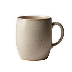 Photo of a speckled beige ceramic mug with a brown rim and handle, isolated on a transparent background