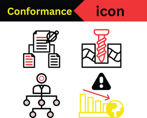 Conformance Iconography Displaying Compliance, Assembly, Management Structure, and Global Economic Risk Represented by a Graph and Warning Sign