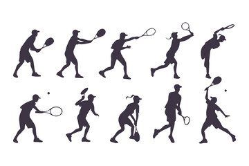 Silhouette Set of Tennis Players in Various Action Poses, Collection of Sporty Men and Women Playing Tennis, Vector Illustration