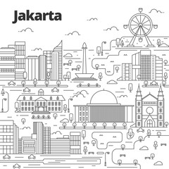 Cityscape in line art style. View with culture, houses, trees and clouds. Wonderful Indonesia. Jakarta city