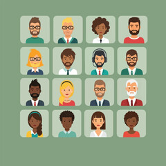 A grid of sixteen diverse avatar portraits of people with varying hairstyles, skin tones, and facial features.