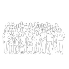 group of men and women standing together illustration vector hand drawn with black lines isolated on white background.