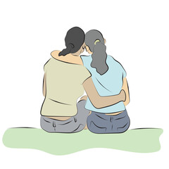 back view of woman hugging her friend illustration vector hand drawn with black lines isolated on white background.