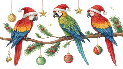 Two colorful cartoon parrots on a tropical tree branch, perfect for an exotic nature illustration