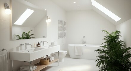 Bright Modern Bathroom with Double Sink and Bathtub in White Minimalist Style