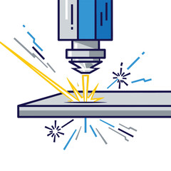 Modern industrial CNC laser cutting machine processing a metal sheet. Automated ironworker technology for precision fabrication and engraving.