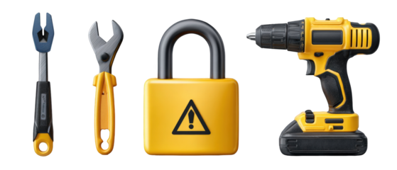 Tools for Home Improvement A Wrench, Pliers, Lock, and Drill Displayed on a Clean Surface