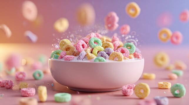 Colorful Loop Cereal Bowl with Milk and Floating Pieces in Pastel Setting