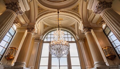 Obraz premium elegant chandelier and classic architecture with window and marble columns