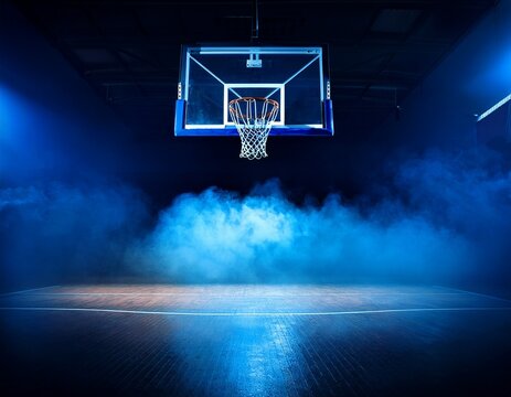 basketball hoop illuminated by blue fog dramatic lighting dark background empty court atmosphere