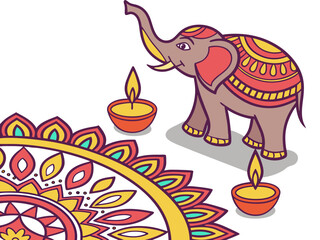 Festive Diwali Illustration with Elephant Rangoli and Lit Diyas for Celebrations and Cultural Events