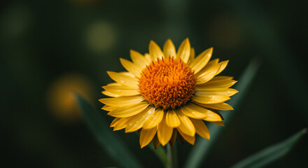 Obraz premium Close-up of a vibrant yellow strawflower with an orange center, showcasing its delicate petals and textured core against a dark green background.