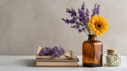 Lavender and Sunflower Arrangement in Amber Glass Bottle with Books and Herbs