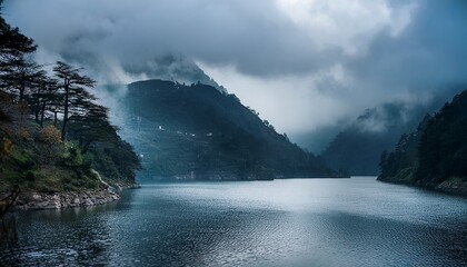 foggy lake surrounded by dark cloud covered mountains in nainital