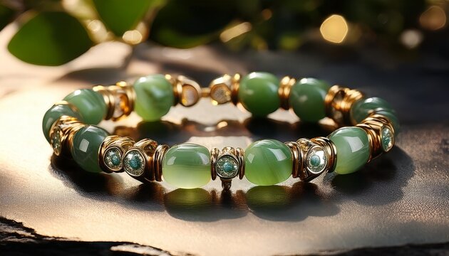 elegant jade bracelet with gold accents and sparkling gemstones in natural light