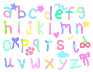 Hand drawn vector illustration of colorful thick stroke lowercase alphabets with doodles like flowers, heart, ribbons, animal paw, cloud. Kids, kindergarten, decor.
