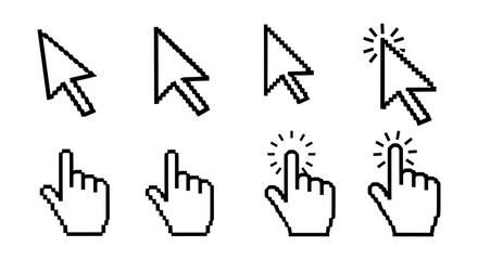 Obraz premium Pixelated Cursors and Hands Click Point Graphic Set