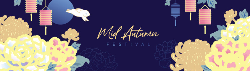 Mid Autumn Festival banner design with beautiful blossom flowers, lanterns and rabbit.
