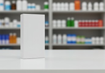 White box on counter with blurred pharmacy background.