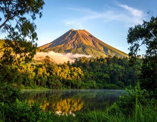 Fototapeta premium Volcanic peak reflected in a tranquil lake, surrounded by lush tropical forest at sunrise.