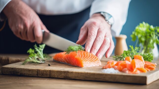 Fresh salmon fillet being sliced on a wooden cutting board.
