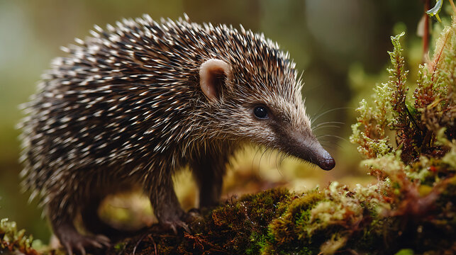 A tenrec standing on a damp forest mound, camera zoomed on its spiky fur and pointed nose, background blurred with mossy vegetation, cinematic detail and mystery.