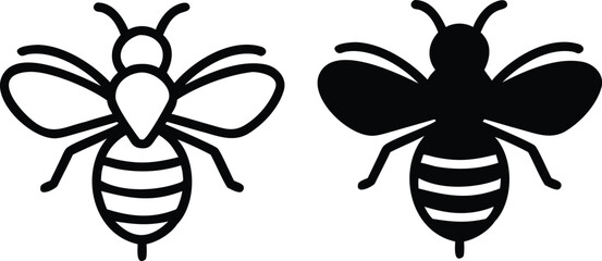 Bee Icon Vector Set – Black and White Outline Insect Silhouettes