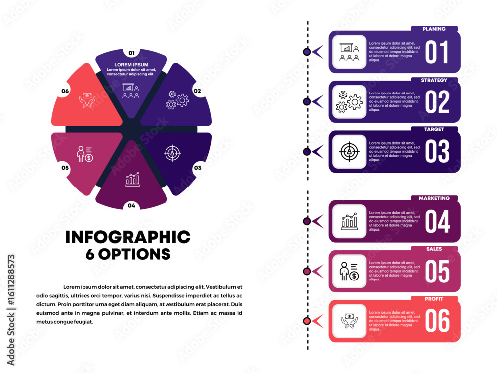 Poster infographic circular diagram with 6 options. round chart that can be used for business step analytic