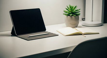 A desk setup featuring a tablet, stylus, notebook, and a succulent plant pot