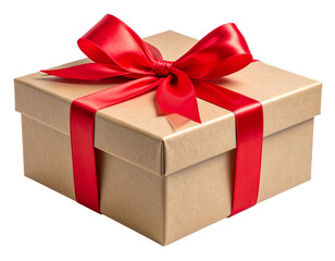 Fototapeta premium Kraft Paper Gift Box with Red Satin Ribbon and Bow – Isolated on Transparent Background