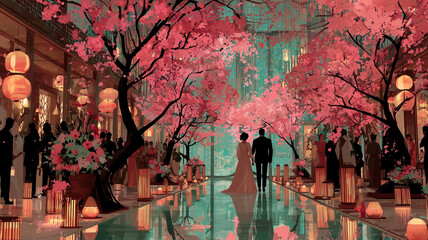 Fototapeta premium 桜が咲き誇る幻想的な日本の婚礼会場、新郎新婦の和装姿が映える夜の光景、伝統的な和の要素とモダンな建築美が融合する幻想的イラスト素材