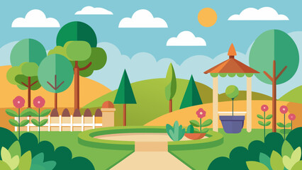 Fototapeta premium Vector art of a vibrant flat design illustration of a lush garden with a gazebo and blooming flowers under a sunny sky
