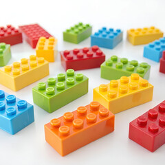 Fototapeta premium 3D-rendered colorful toy bricks in assorted shapes and sizes.