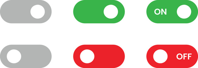 Flat toggle switch UI set, green on, red off, gray neutral buttons for app interface, web design, dashboard or mobile screen