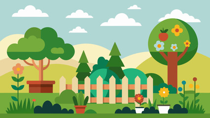 Fototapeta premium Vector art of a vibrant cartoon garden scene features trees, flowers, and a picket fence under a bright blue sky with scattered clouds