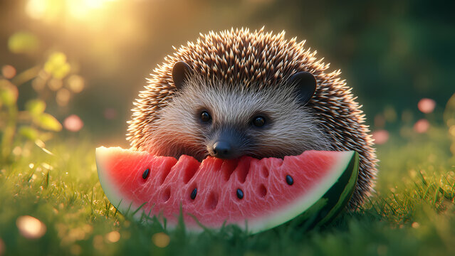 A small hedgehog sits on green grass and gnaws on a slice of watermelon.