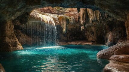 Naklejka premium Serene Cave Oasis: A Tranquil Waterfall and Crystal-Clear Pool Experience